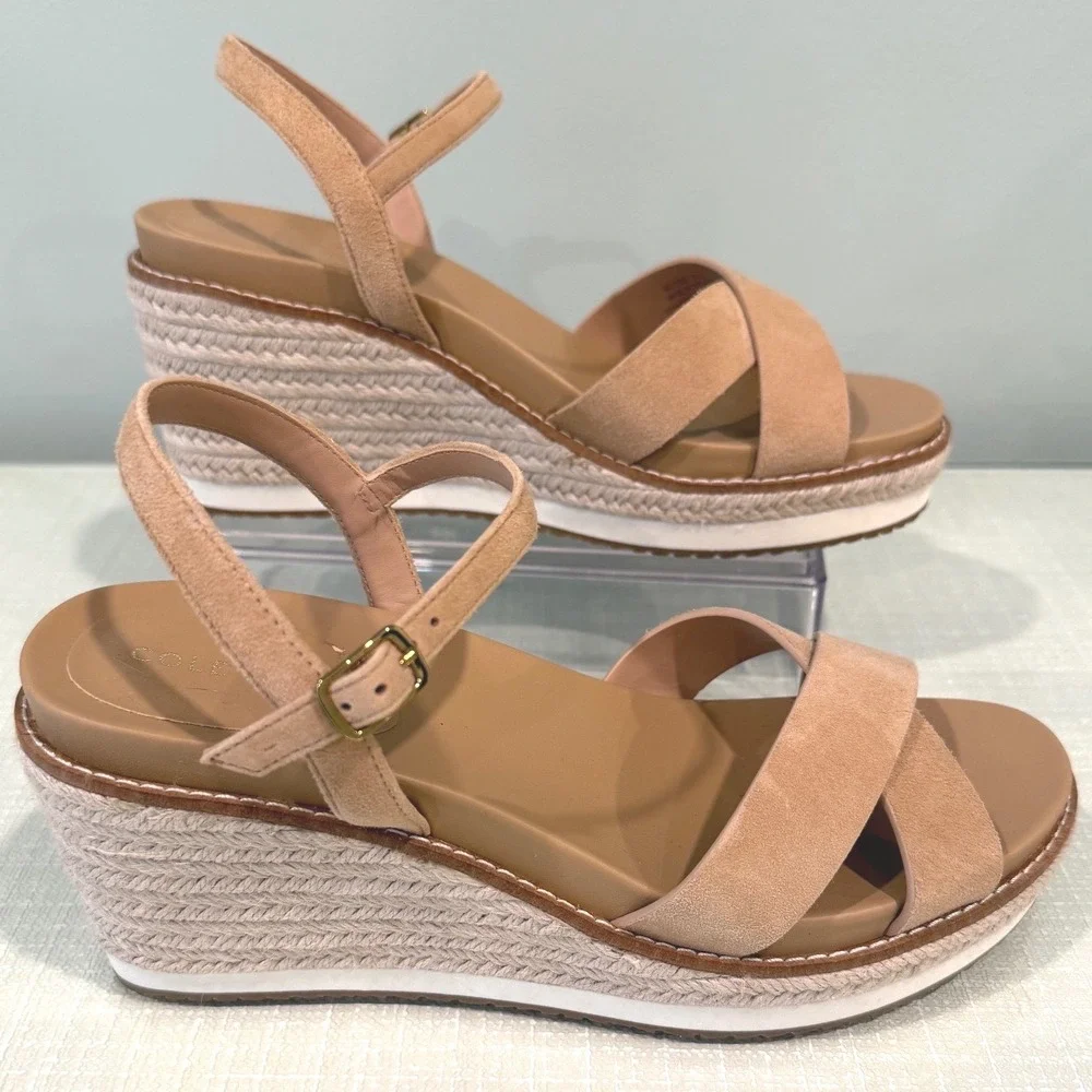 Cole Haan Cloudfeel Silver Tan Suede Espadrille Wedge Sandals NWOT - Size 7.5